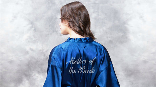 mother of the bride clear rhinestone satin kimono navy blue short robe