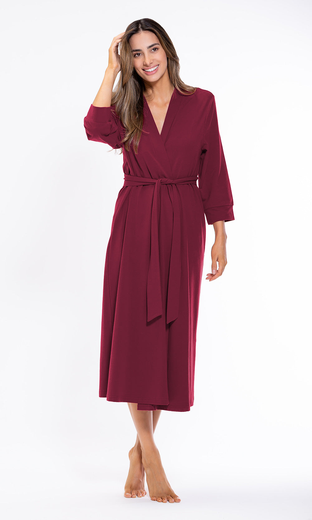 Lightweight Kimono Robes For Women Cotton Soft Knit robe, Long V-Neck Robes For Female Adult Sleepwear Loungewear - Burgundy - Robe Mart