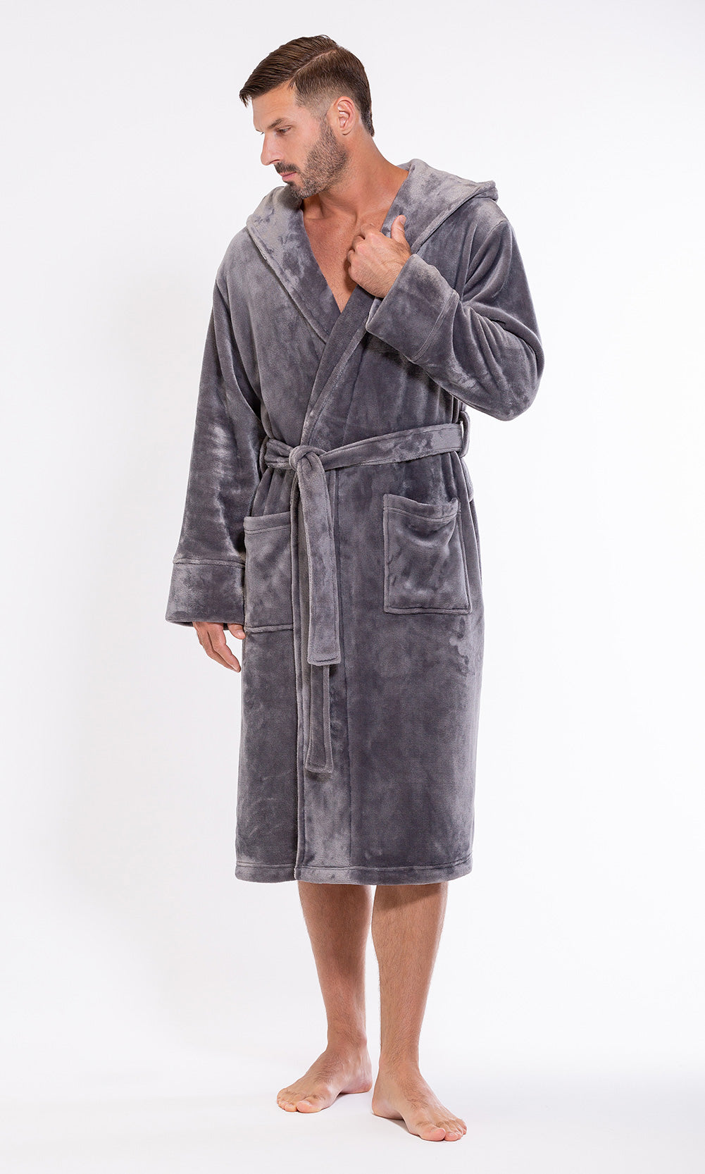 Men's Gray Plush Soft Warm Fleece Bathrobe with Hood, Comfy Men's Robe