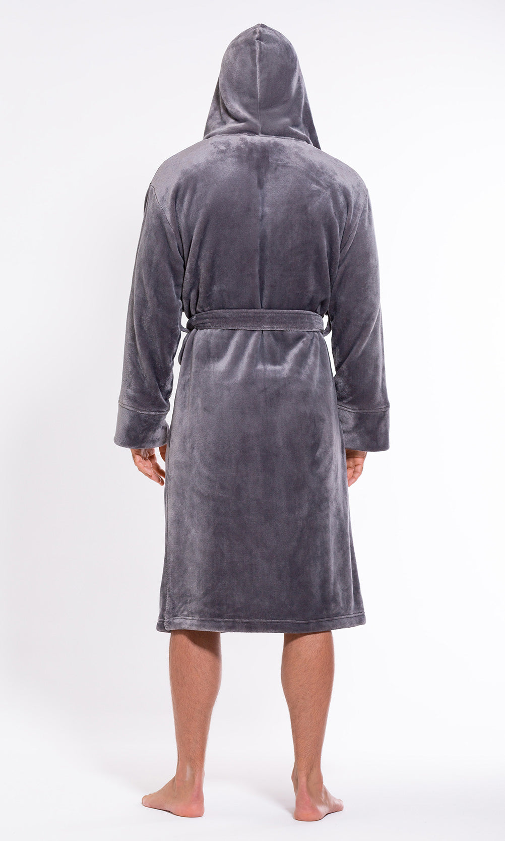 Men's Gray Plush Soft Warm Fleece Bathrobe with Hood, Comfy Men's Robe