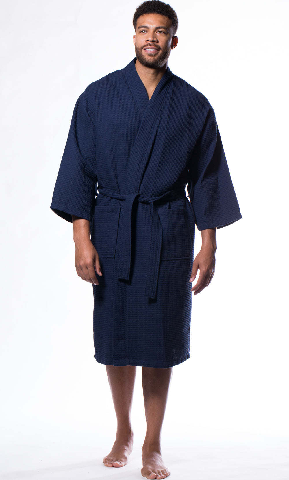 Waffle Kimono Navy Blue Long Robe Square Pattern Waffle Kimono Navy Blue Long Robe Square Pattern