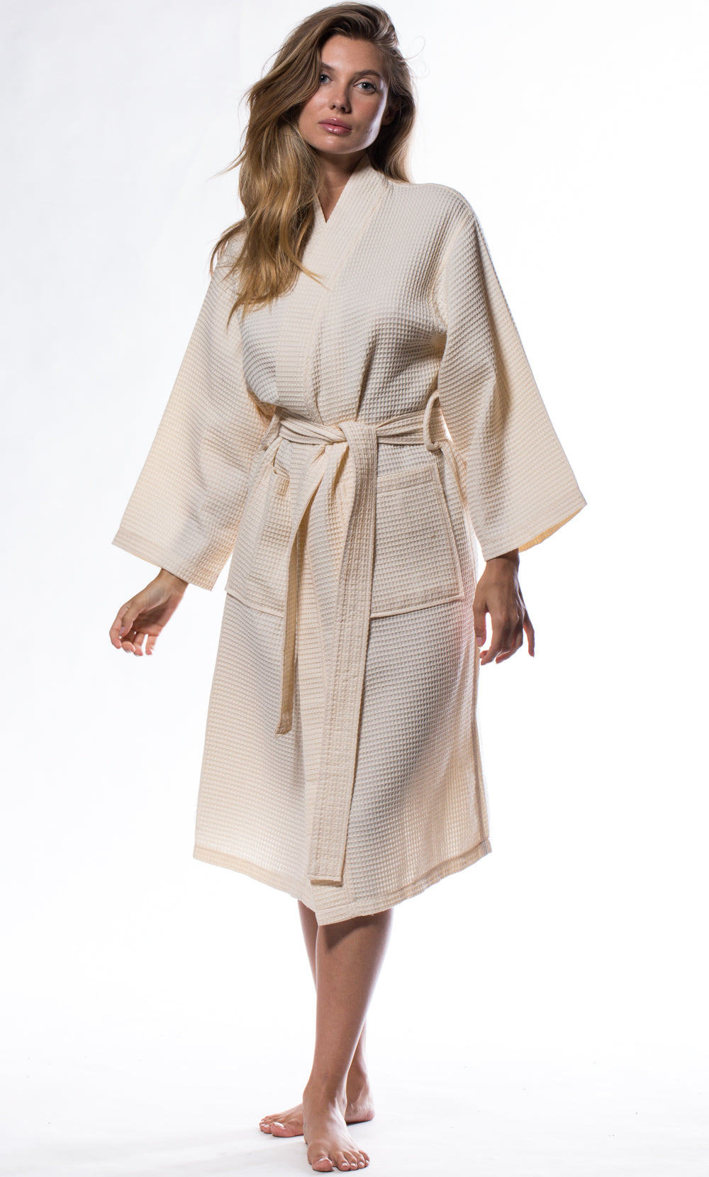 Waffle Kimono Beige Long Robe Square Pattern – RobeMart