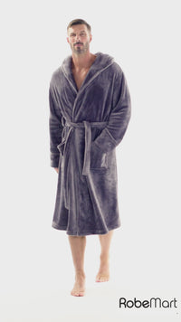 Men's Black Plush Soft Warm Fleece Bathrobe with Hood, Comfy Men's Robe