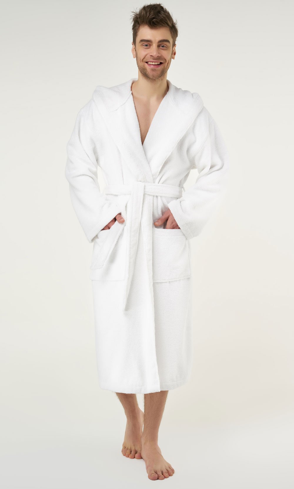 MENS 100% COTTON 550 GSM TERRY HOODED BATHROBE WHITE DRESSING GOWN L XL