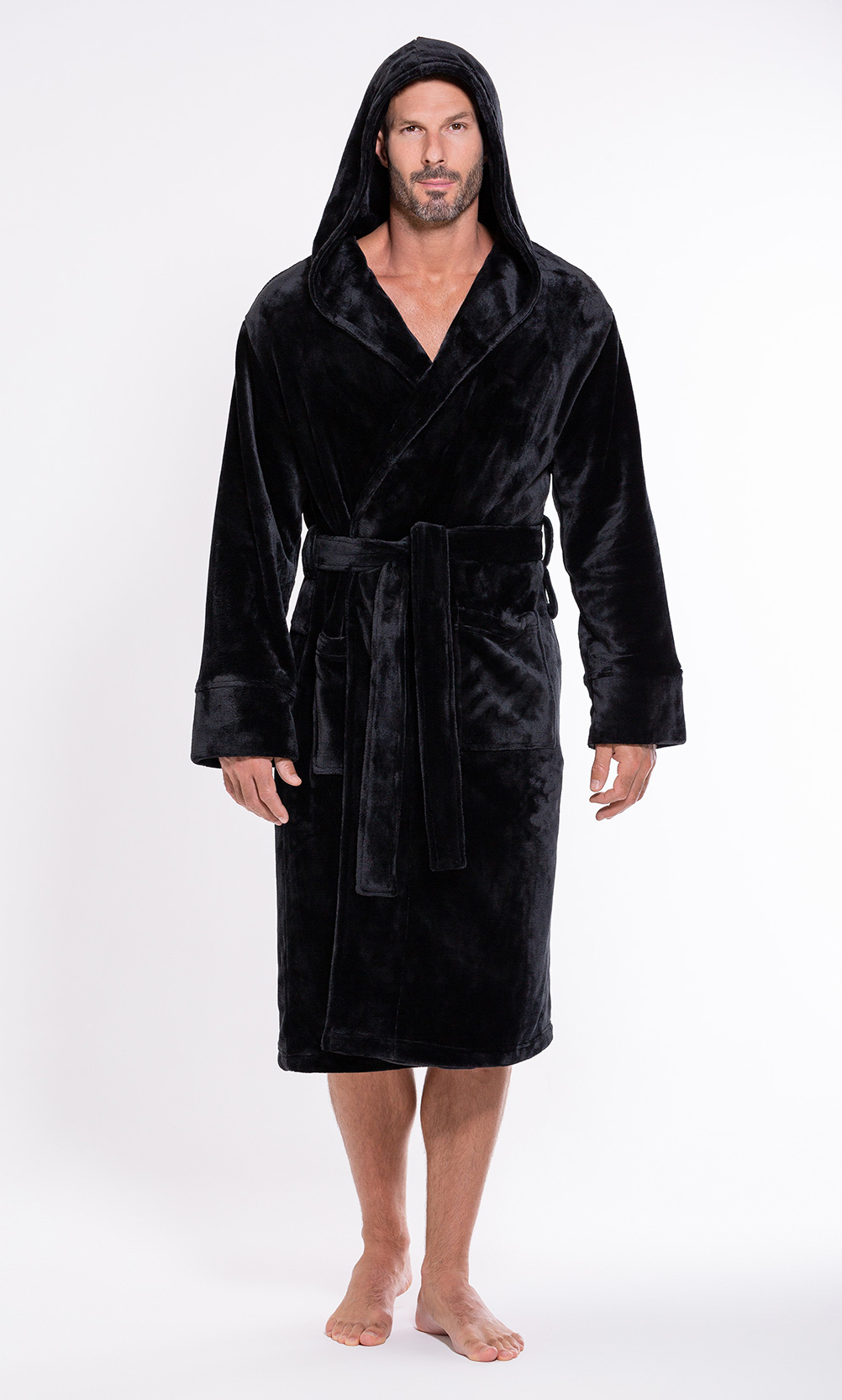 Bathrobes :: Men's Black Plush Soft Warm Fleece Bathrobe with Hood