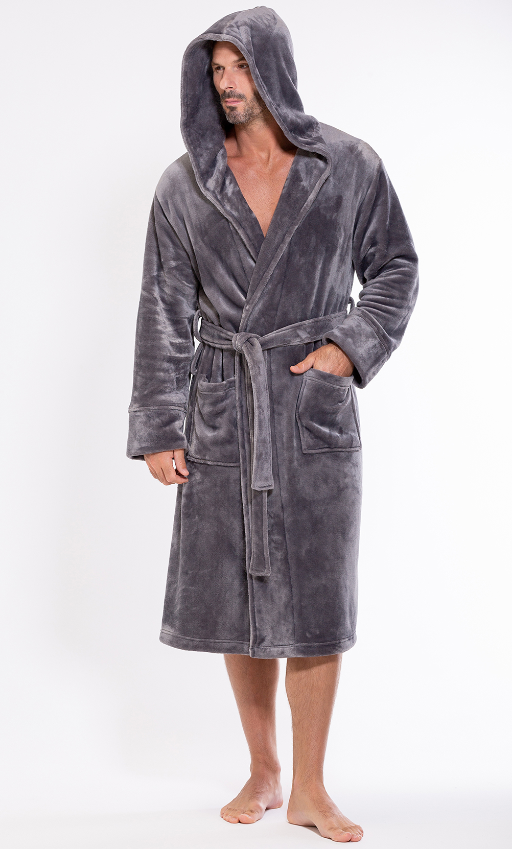 Men's Gray Plush Soft Warm Fleece Bathrobe with Hood, Comfy Men's Robe