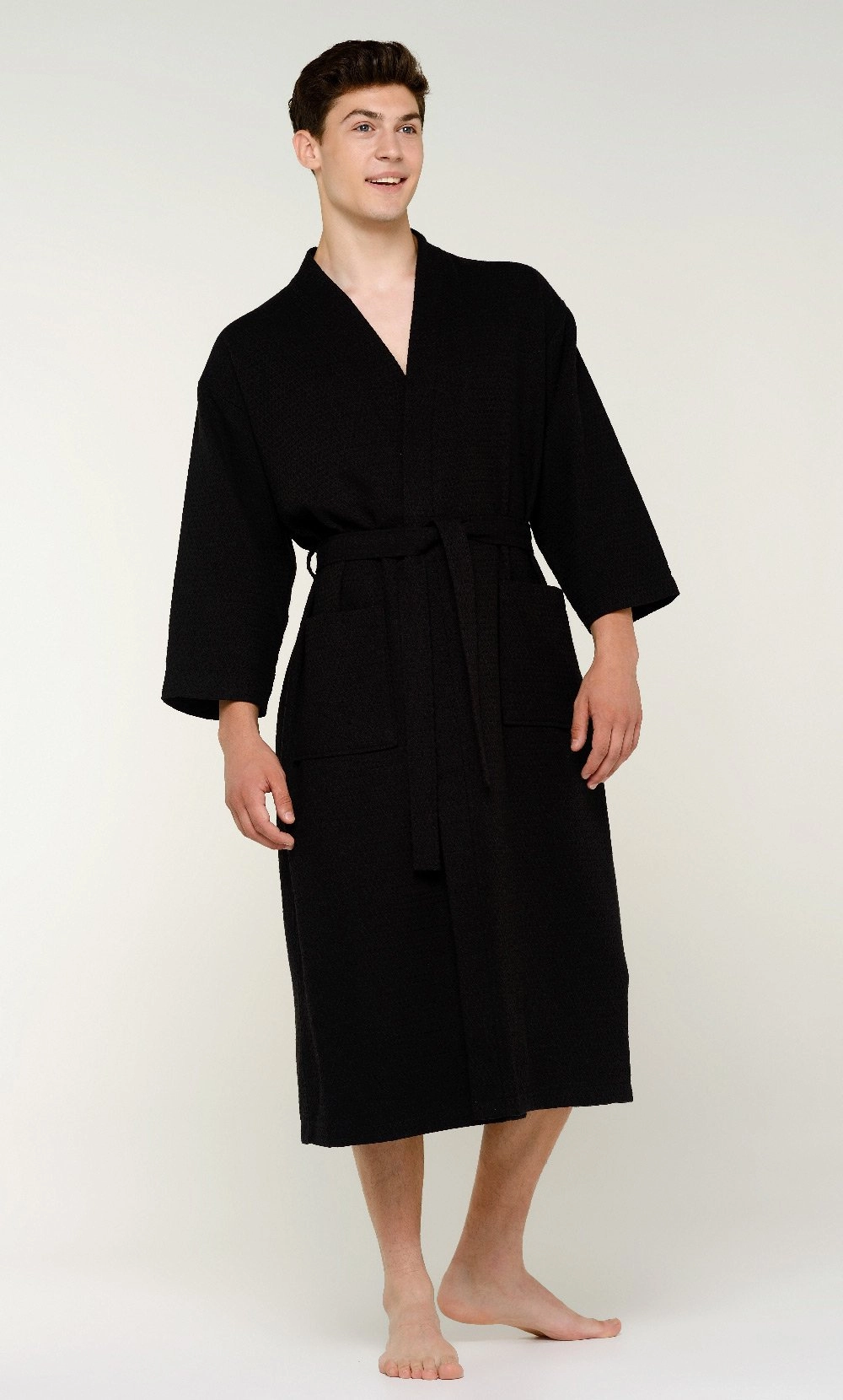 100% Turkish Cotton Black Waffle Kimono Robe
