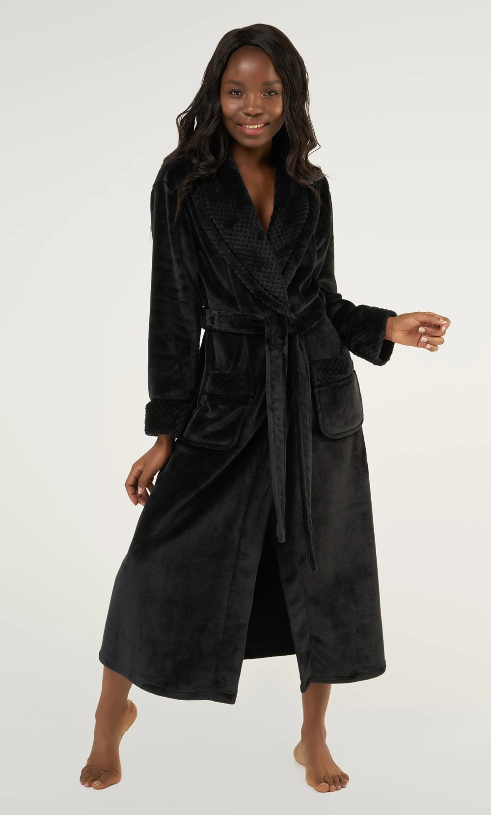 Black Plush Soft Warm Fleece Womens Robe