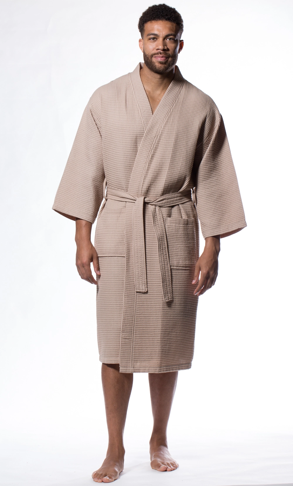 Men :: Robes :: Kimono Robes :: Waffle Kimono Taupe Long Robe
