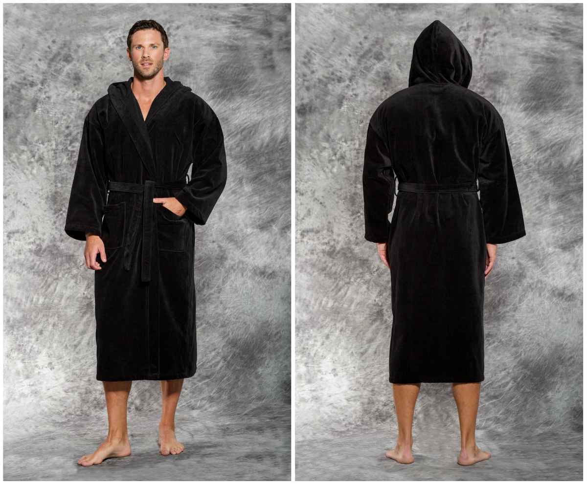 black velour hooded adult bathrob | How To Wear A Robe To This Year’s Halloween Party | silk robe halloween costume | costume ideas