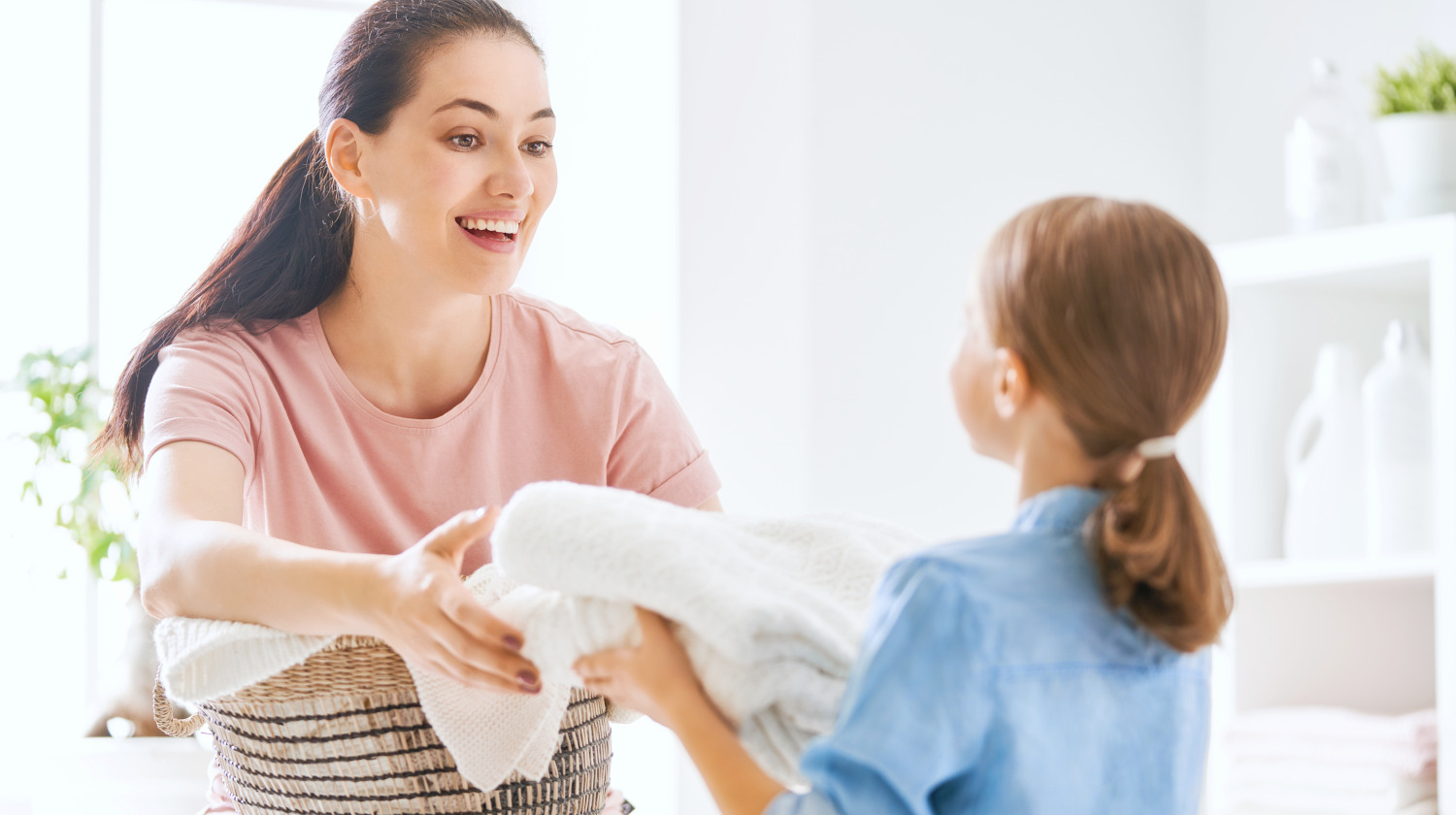 Feature | Beautiful young woman and child girl little helper | How To Care For A Velour Fabric Robe | Cleaning Velour Fabric