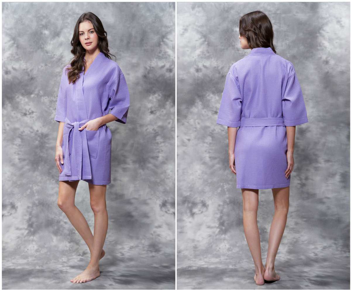 waffle-kimono-lavender-short-robe-square-pattern-maternity robe