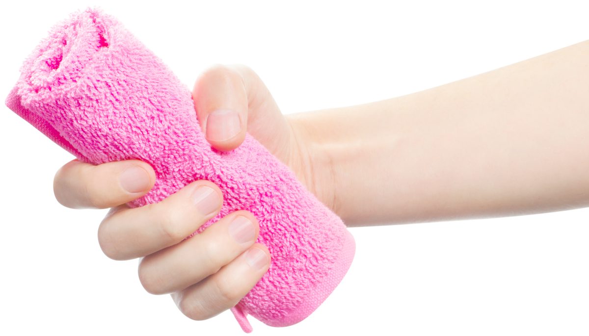 Hand Holding Pink Towel Isolated On Gym Towel Ss 