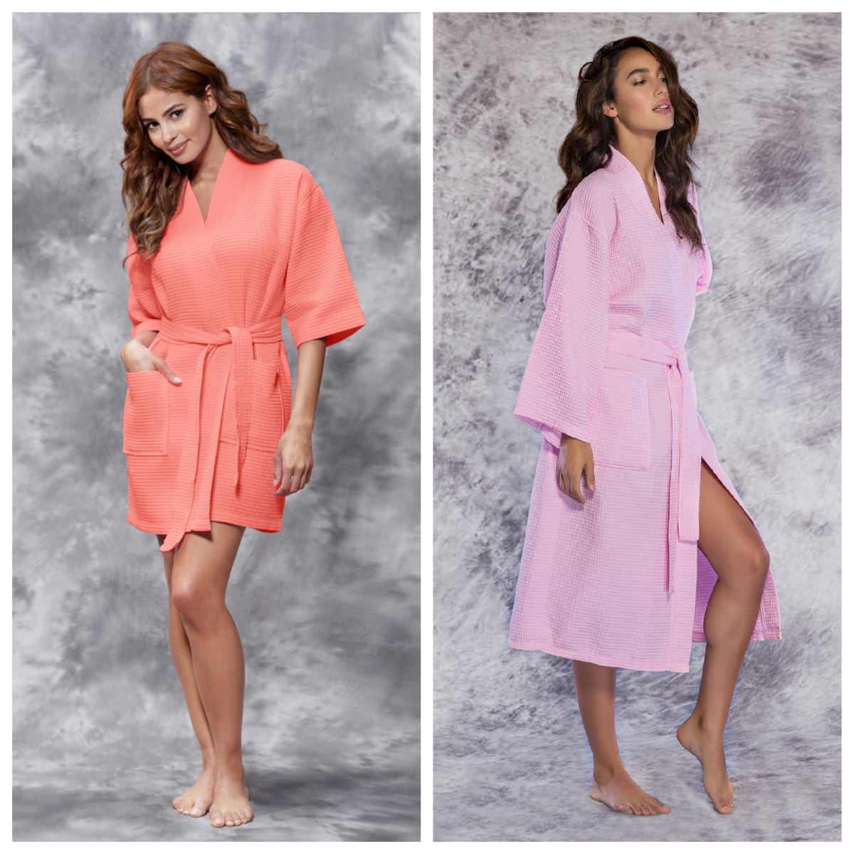 Waffle Kimono Coral Short Robe Square Pattern and Waffle Kimono Pink Long Robe Square Pattern | Cotton Robe Buying Guide | How To Find The Right Robe For You