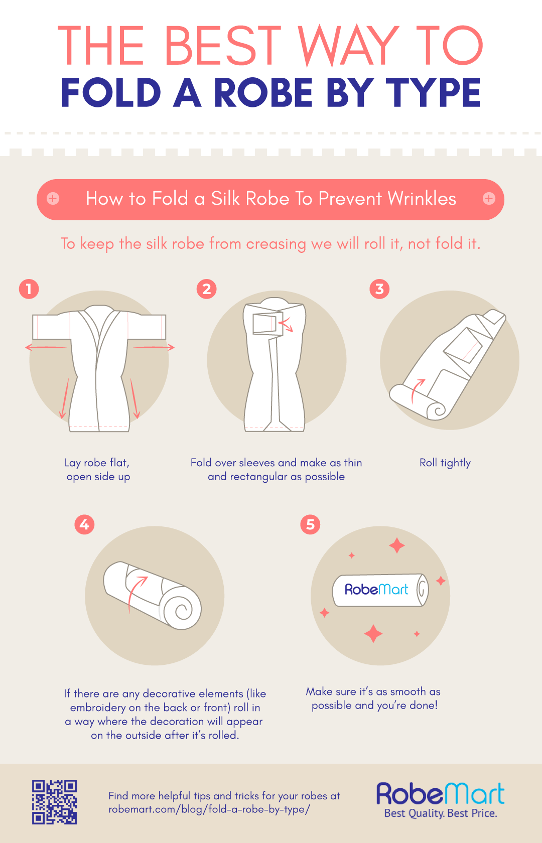 How to Fold a Silk Robe: To keep the silk robe from creasing we will roll it, not fold it. 1. Lay robe flat, open side up. 2. Fold over the sleeves and make as thin and rectangular as possible. 3. Roll tightly. 4. If there are any decorative elements (like embroidery on the back or front) try to roll in a way where the decoration will appear on the outside after it’s rolled. 5. Make sure it’s as smooth as possible and you’re done! | Infographic https://robemart.com/blog/fold-a-robe-by-type/