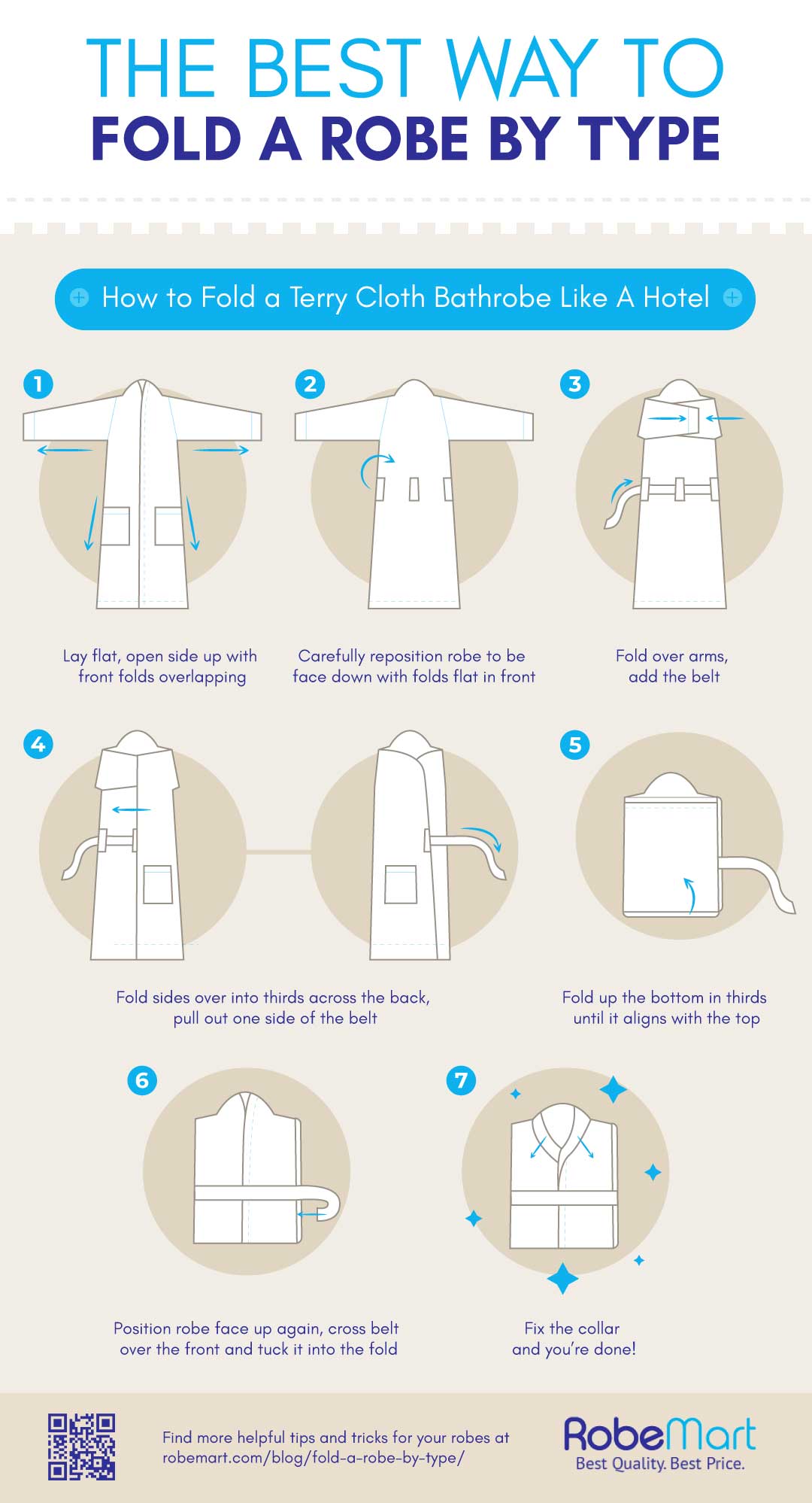 How to Fold a Terry Cloth Bathrobe Like A Hotel: 1. Lay flat, open side up with front folds overlapping. 2. Carefully reposition robe to be face down with folds flat in front. 3. Fold over arms, add the belt. 4. Fold sides over into thirds across the back, pull out one side of the belt. 5. Fold up the bottom in thirds until it aligns with the top. 6. Position robe face up again, cross belt over the front and tuck it into the fold. 7. Fix the collar and you’re done! | https://robemart.com/blog/fold-a-robe-by-type/