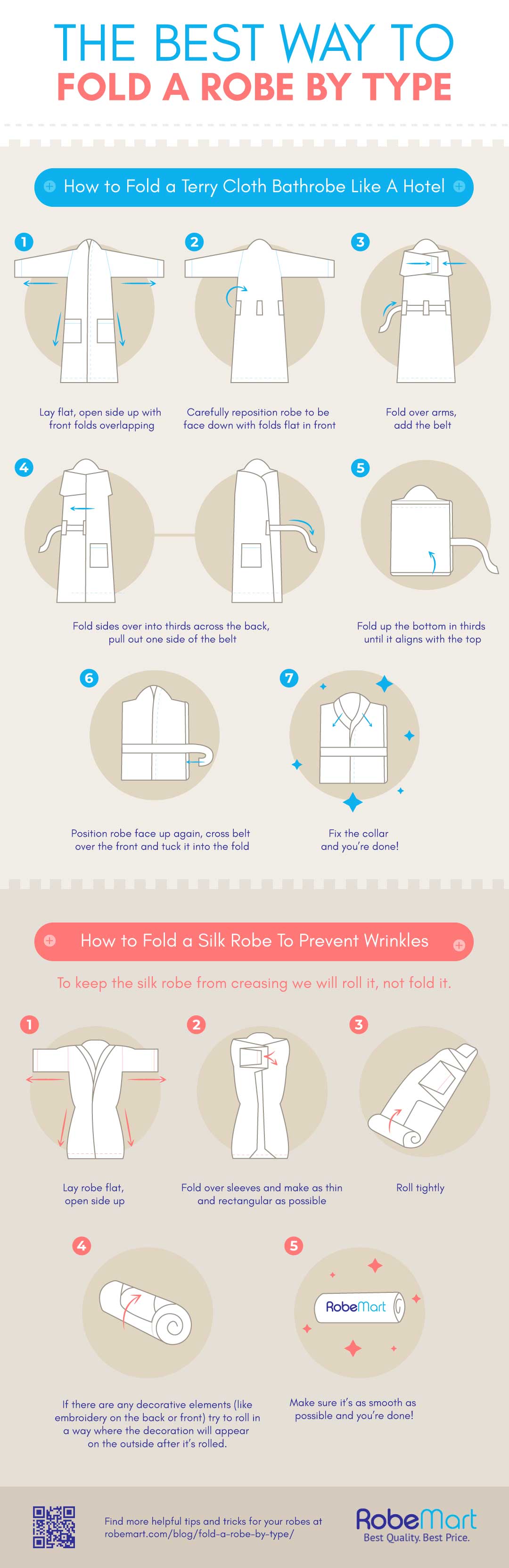Best Way To Fold A Robe By Type: Bathrobe, Terry Cloth, Silk, Bridesmaid [INFOGRAPHIC] | https://robemart.com/blog/fold-a-robe-by-type/
