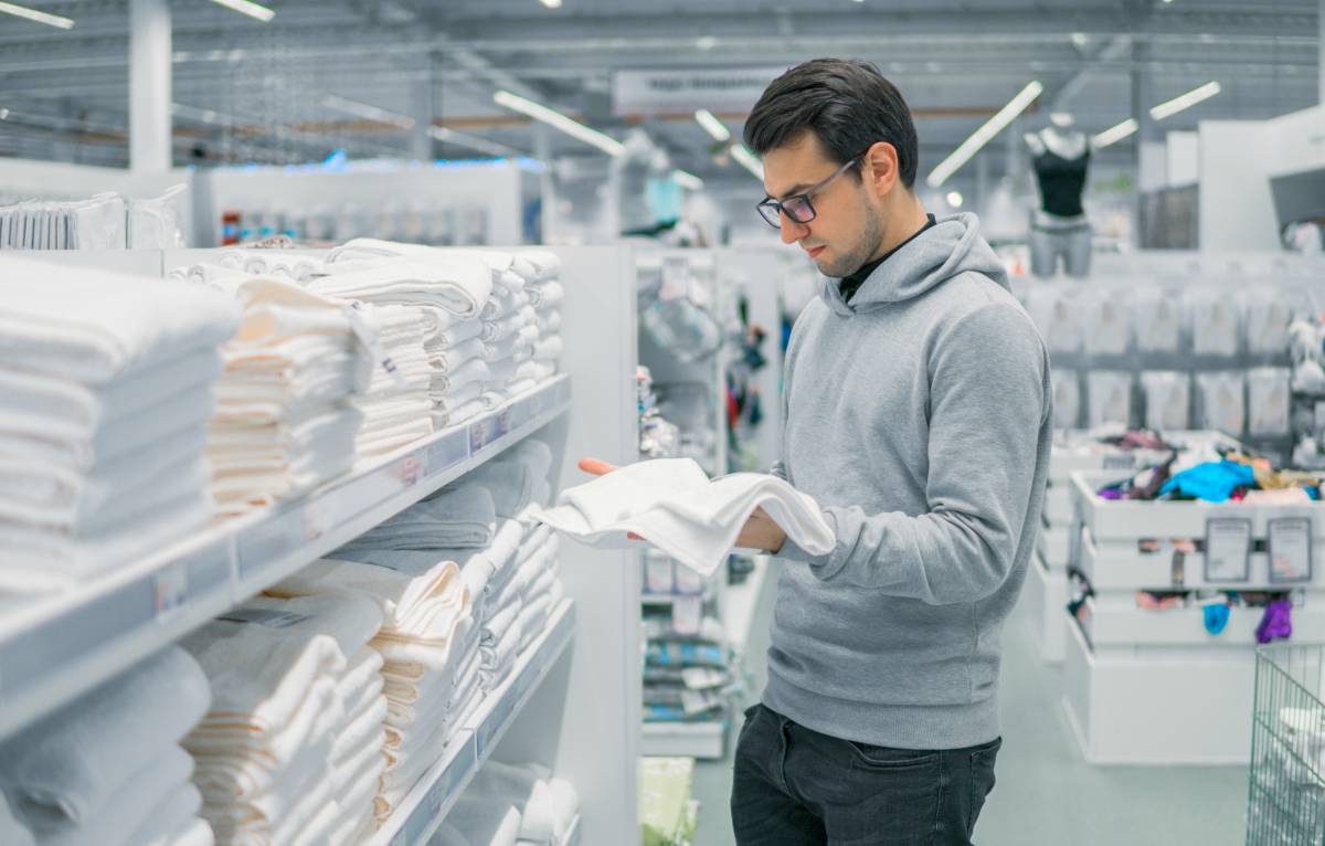 male customer inspecting the towel before buying it | How Many Airbnb Guest Towels Should I Have? | guest towels | guest towels for bathroom