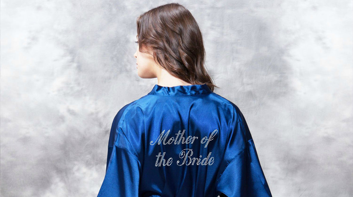 mother of the bride clear rhinestone satin kimono navy blue short robe