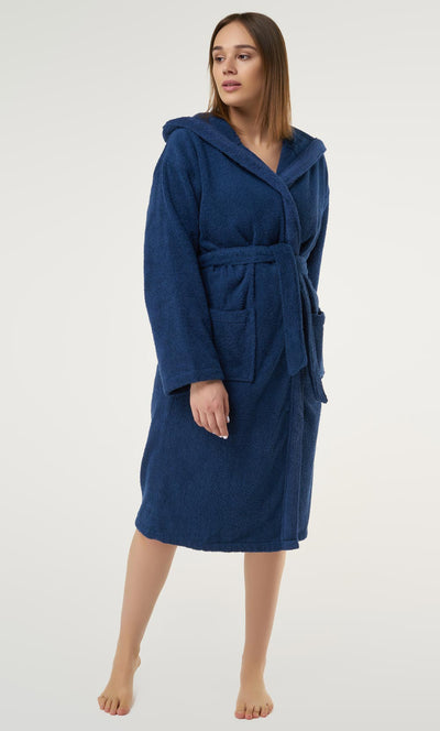100% Turkish Cotton Navy Blue Heavy Weight Hooded Terry Bathrobe