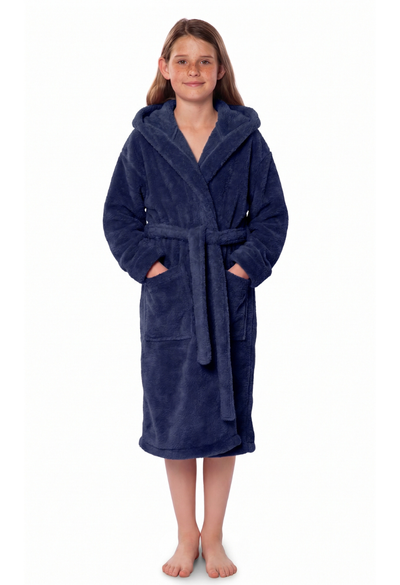 Navy Blue Plush Super Soft Fleece Hooded Kid's Robe