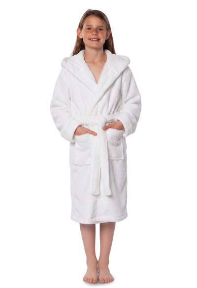 White Plush Super Soft Fleece Hooded Kid's Robe