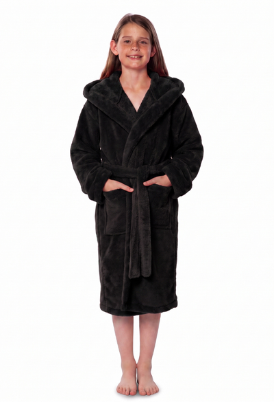 Black Plush Super Soft Fleece Hooded Kid's Robe