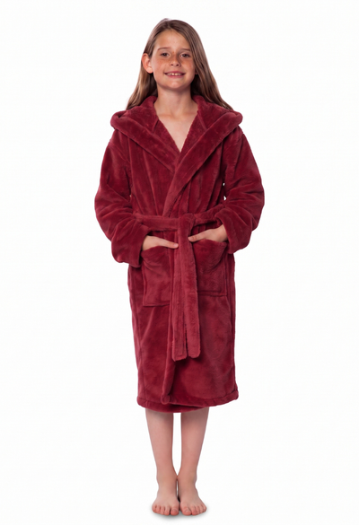 Crimson Red Plush Super Soft Fleece Hooded Kid's Robe