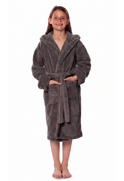 Gray Plush Super Soft Fleece Hooded Kid's Robe