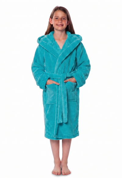 Turquoise Plush Super Soft Fleece Hooded Kid's Robe