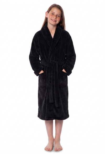 Black Plush Super Soft Fleece Shawl Kid's Robe
