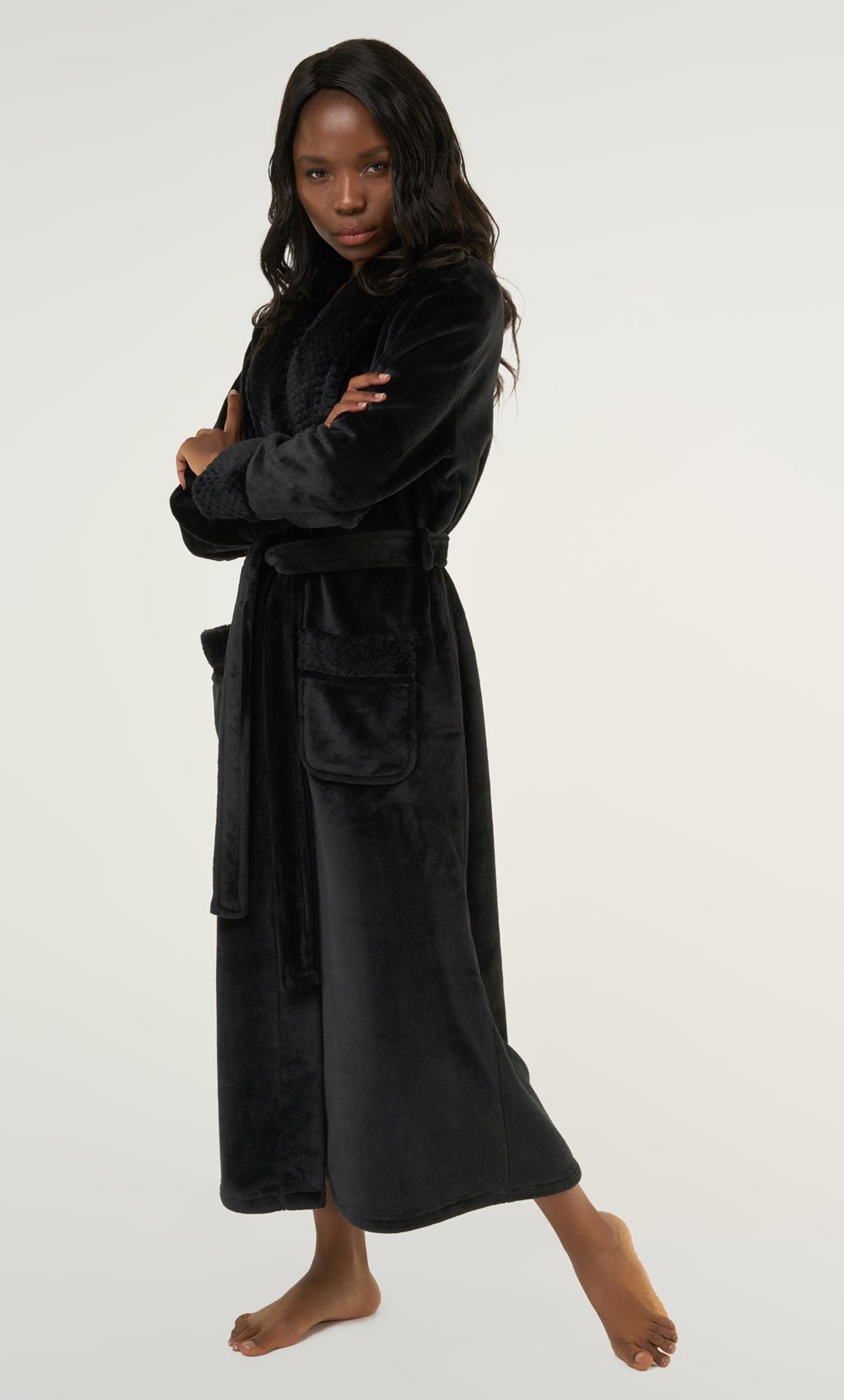 Black Plush Soft Warm Fleece Womens Robe