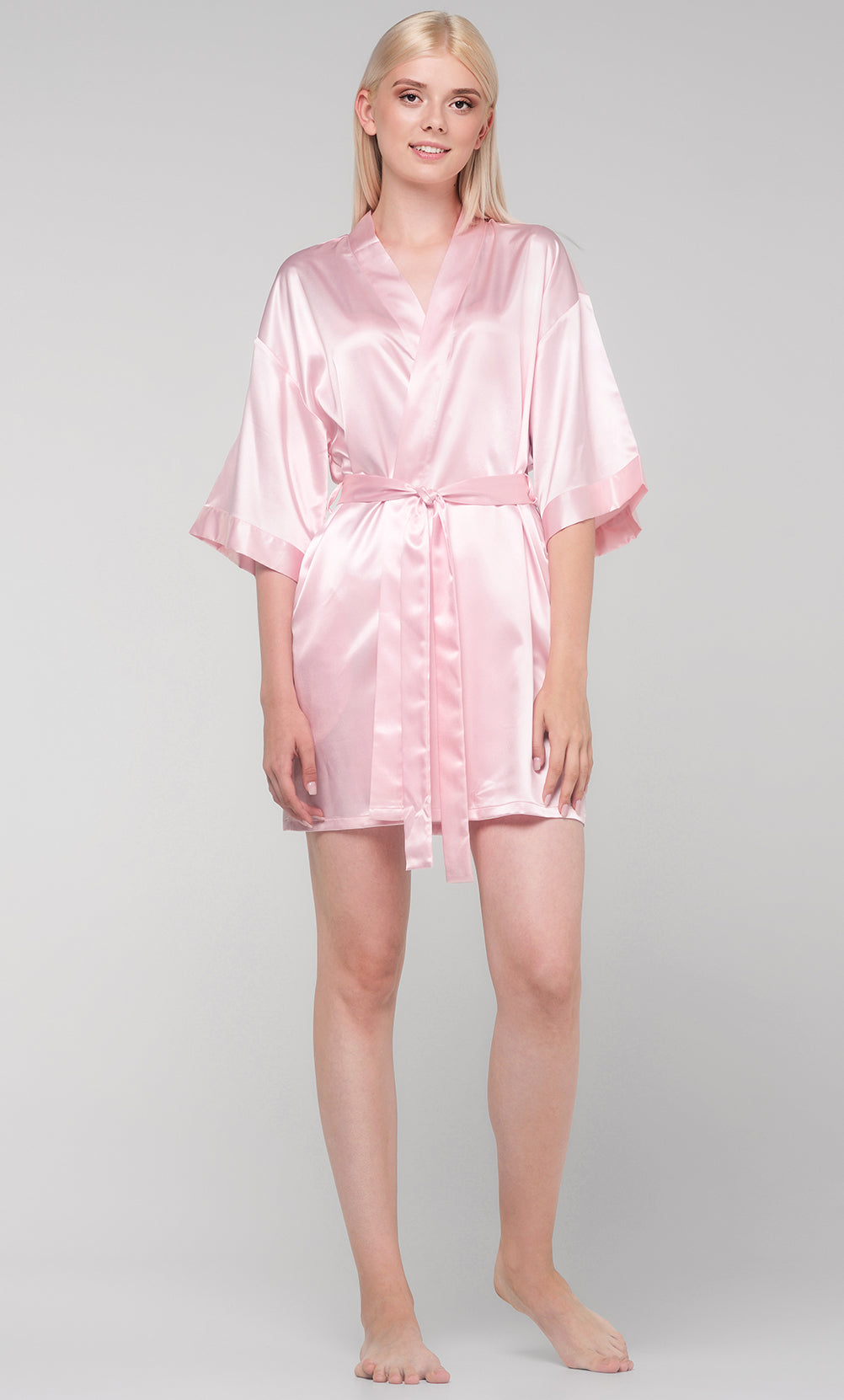 Light Pink Satin Kimono Short Robe