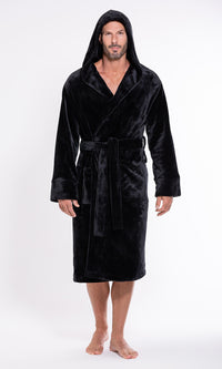 Men's Black Plush Soft Warm Fleece Bathrobe with Hood, Comfy Men's Robe