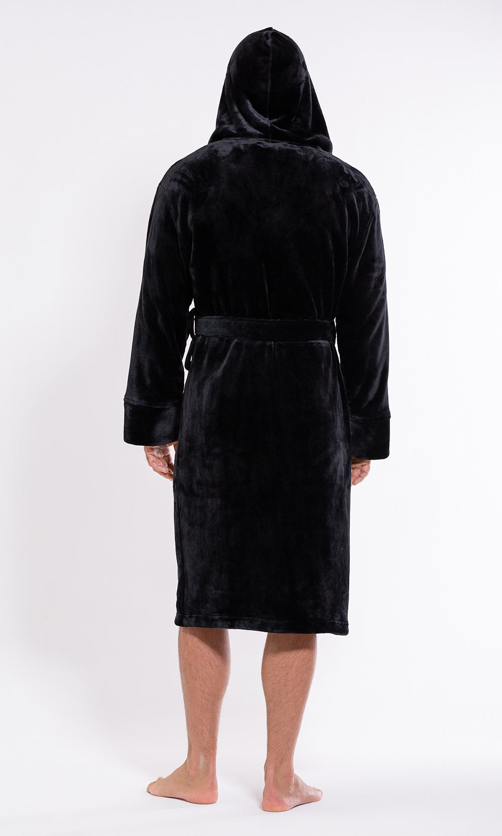 Men's Black Plush Soft Warm Fleece Bathrobe with Hood, Comfy Men's Robe