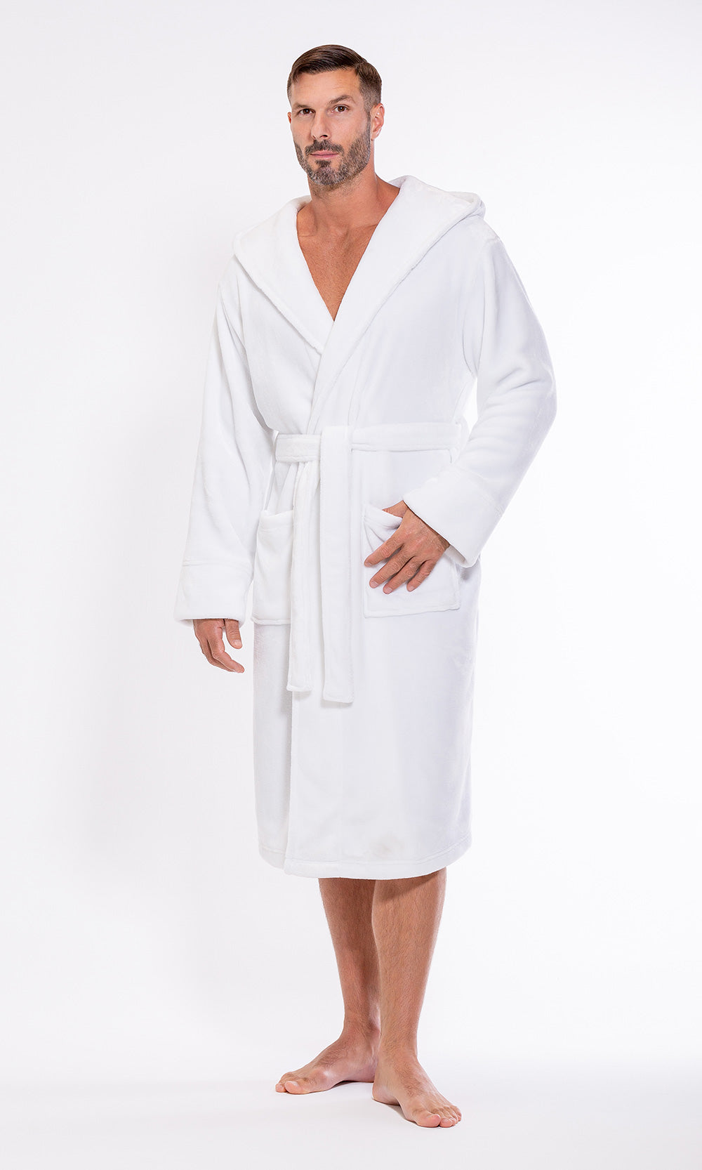 Men's White  Plush Soft Warm Fleece Bathrobe with Hood, Comfy Men's Robe