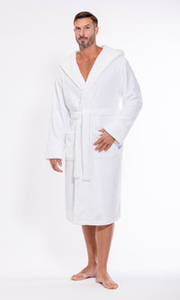Men's White  Plush Soft Warm Fleece Bathrobe with Hood, Comfy Men's Robe