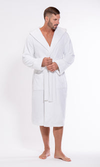 Men's White  Plush Soft Warm Fleece Bathrobe with Hood, Comfy Men's Robe