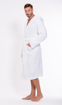 Men's White  Plush Soft Warm Fleece Bathrobe with Hood, Comfy Men's Robe