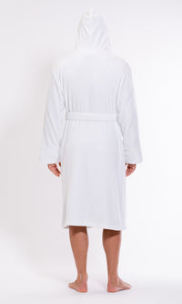 Men's White  Plush Soft Warm Fleece Bathrobe with Hood, Comfy Men's Robe