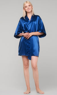 Navy Blue Satin Kimono Short Robe