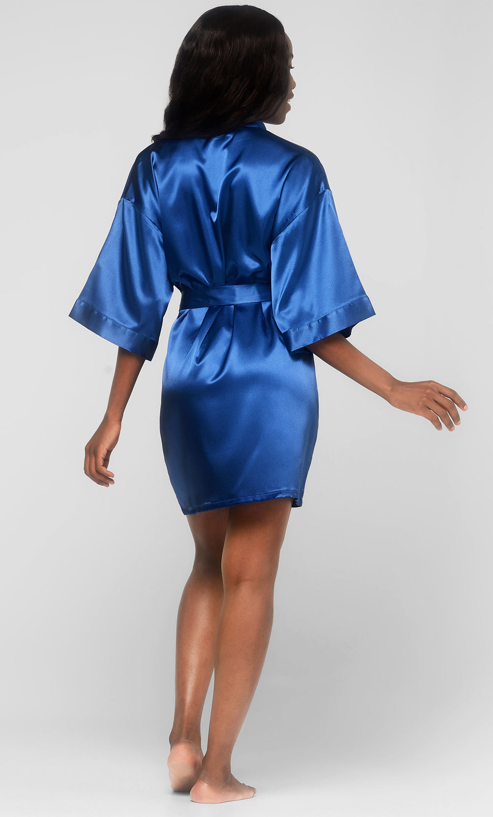 Navy Blue Satin Kimono Short Robe