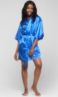 Royal Blue Satin Kimono Short Robe
