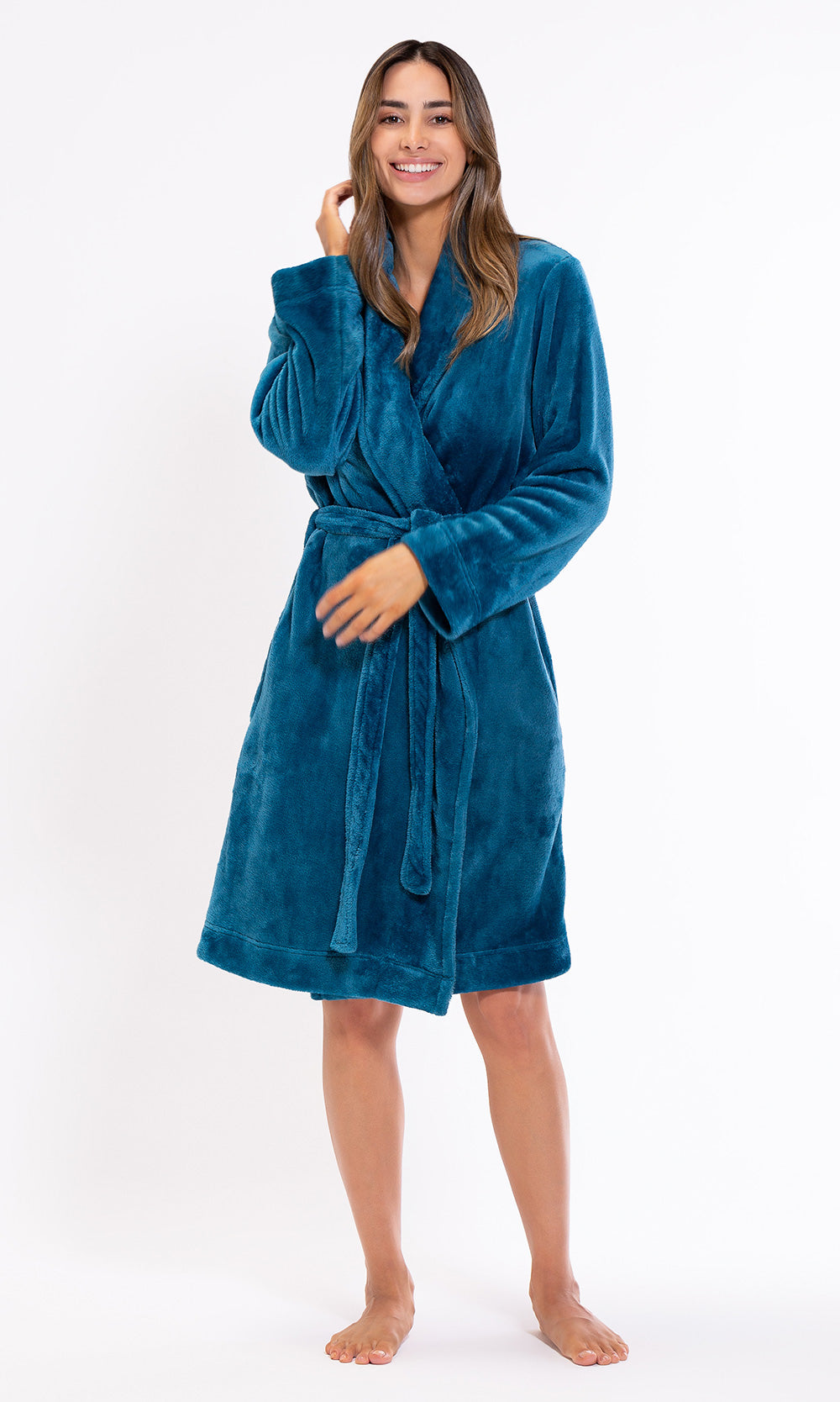 Soft Blue Robe Super Soft Harbor Blue Lightweight Plush Shawl Short Women's Robe ...
