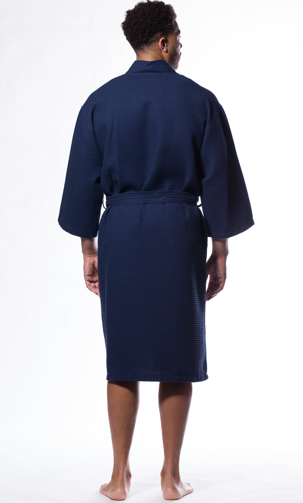 Waffle Kimono Navy Blue Long Robe Square Pattern