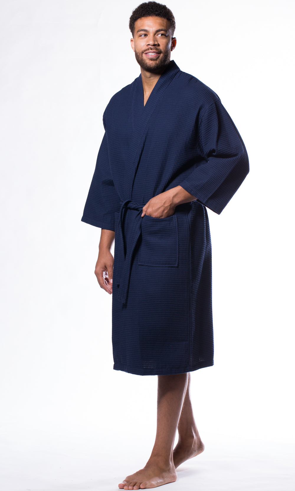 Waffle Kimono Navy Blue Long Robe Square Pattern
