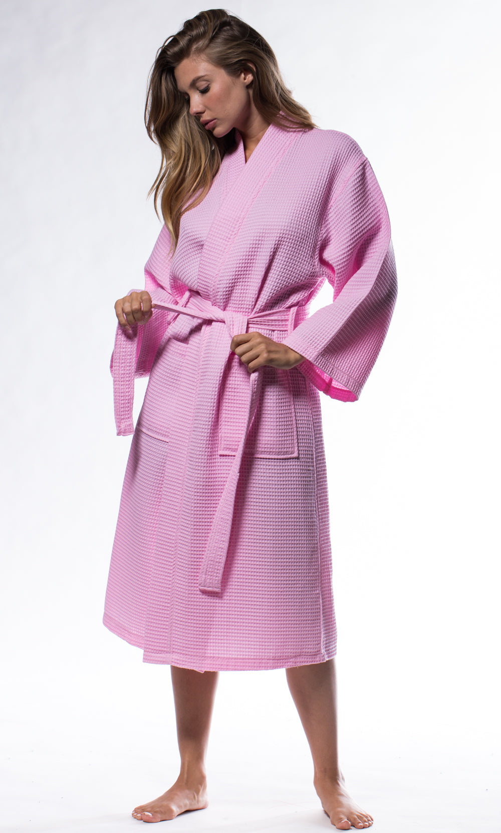 Waffle Kimono Pink Long Robe Square Pattern RobeMart Waffle Kimono Pink Long Robe Square Pattern RobeMart