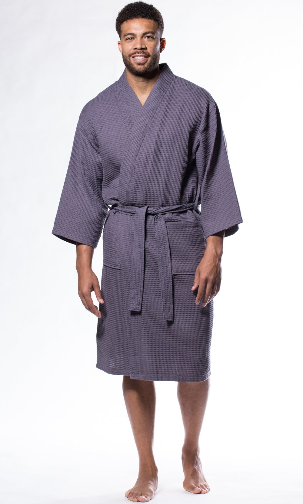 Mens Long Waffle Kimono Lightweight Cotton, Personalized Robe, Hotel Spa Bathrobe for Men - Adult - Unisex - Charcoal