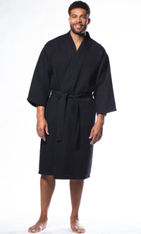 Waffle Kimono Black Long Robe Square Pattern