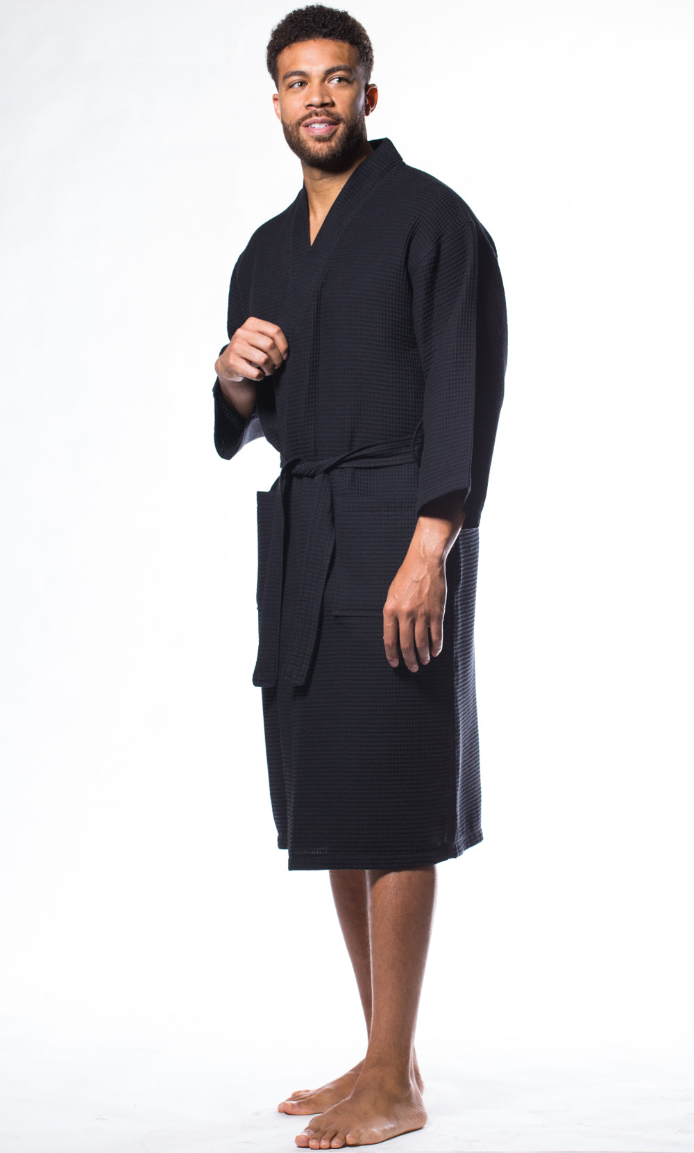 Waffle Kimono Black Long Robe Square Pattern